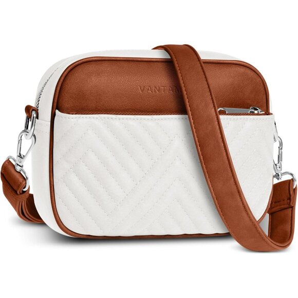 Minimalist White & Brown Crossbody Bag for Women, RFID Blocking, Adjustable Stra - Picture 1 of 7